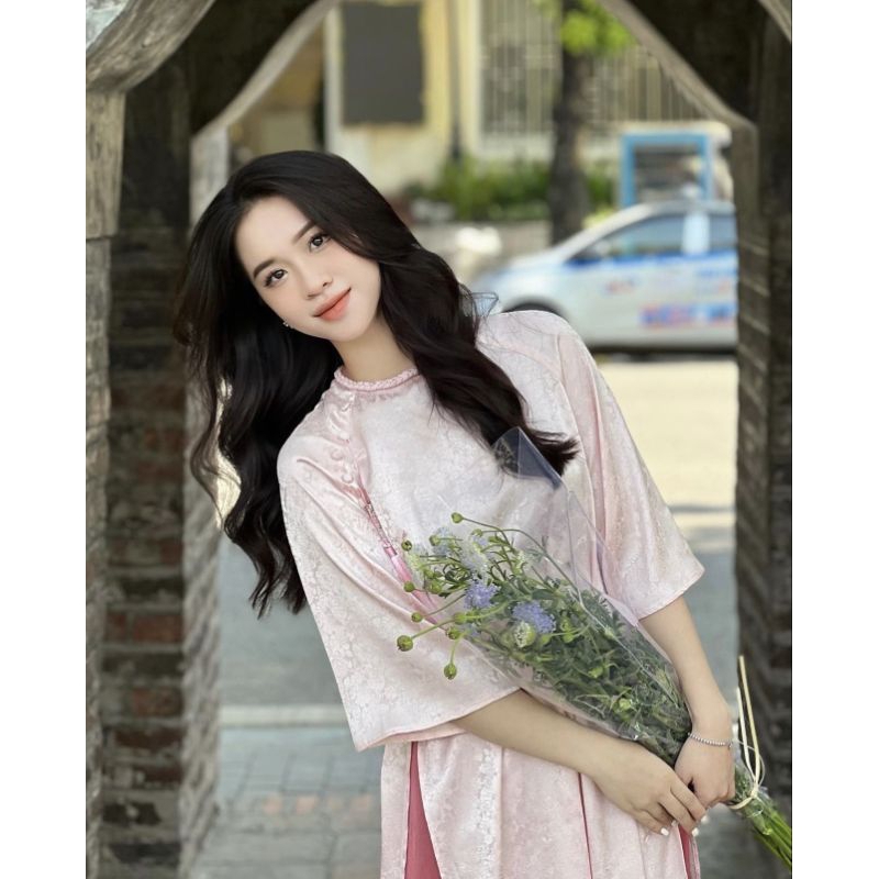 SET ÁO DÀI GẤM HOA TRƠN TAY LỠ + QUẦN SUÔNG HỒNG