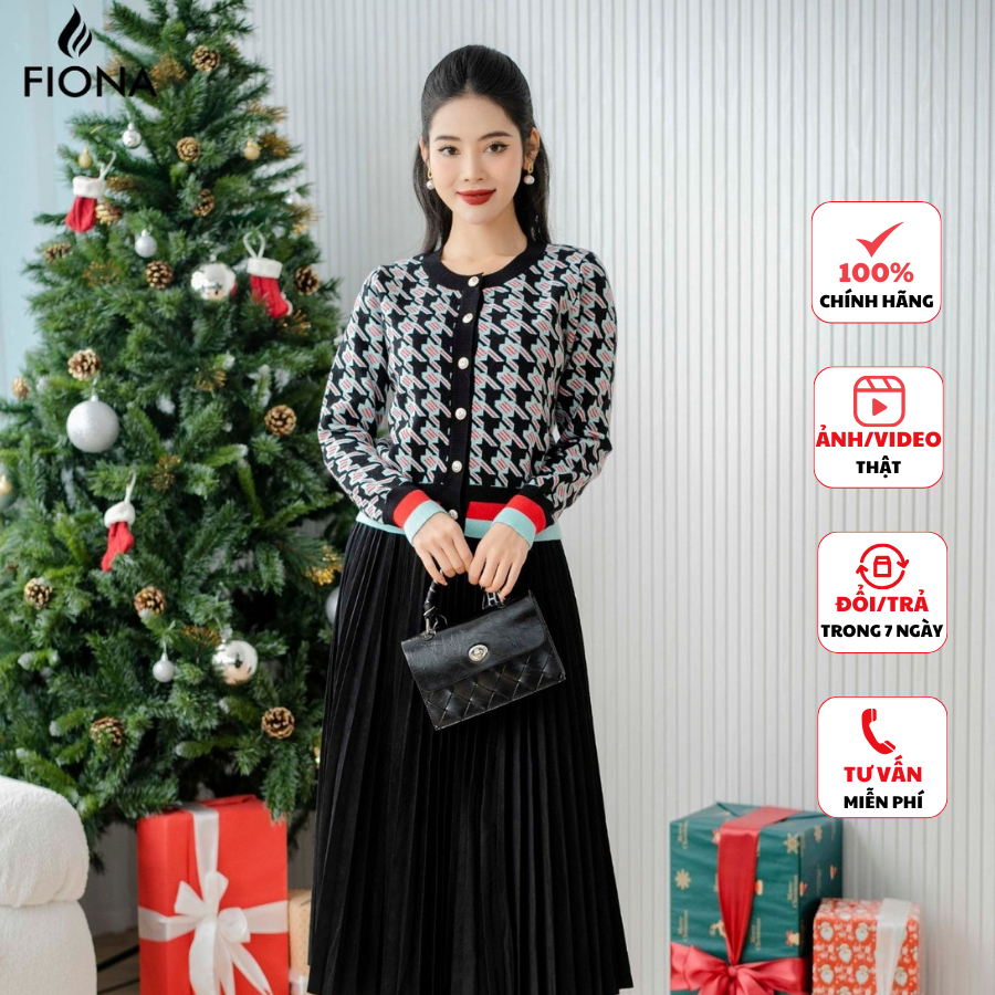 Áo khoác cardigan dáng dài FIONA áo len nữ dài tay hoạ tiết houndstooth phong cách Hàn Quốc F852790