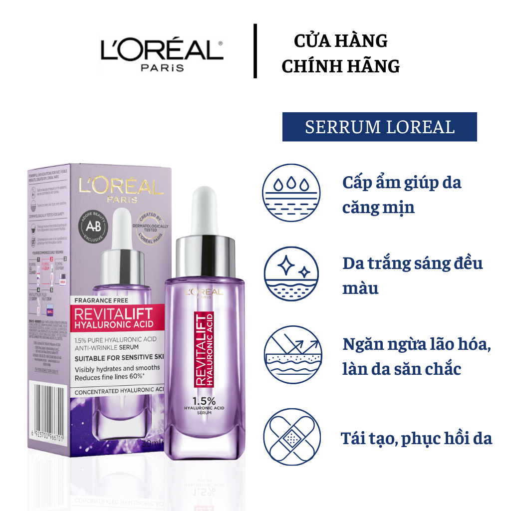 (Chính Hãng 100%) Serum siêu cấp ẩm & giảm nếp nhăn Serum L'Oreal Paris Revitalift Pure Hyaluronic Acid 1.5% 30ml