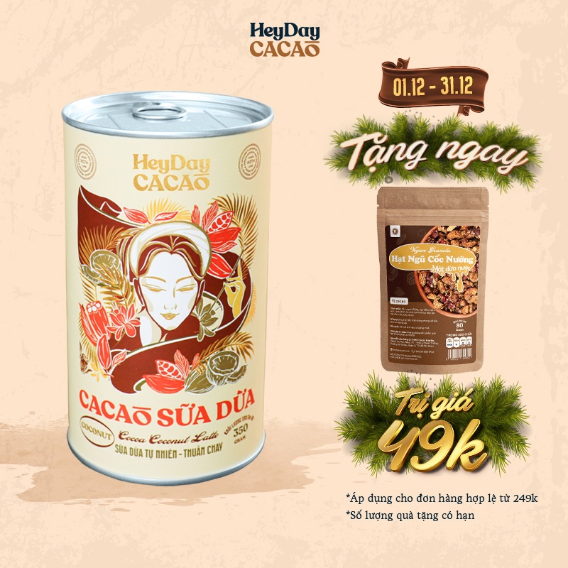 Bột cacao sữa dừa tự nhiên, thuần chay – Lon 350g – Heyday Cacao