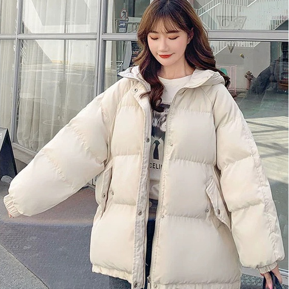 Áo khoác Phao Nữ có mũ đại Hàn Siêu Ấm , áo Phao dáng rộng cực dày dặn