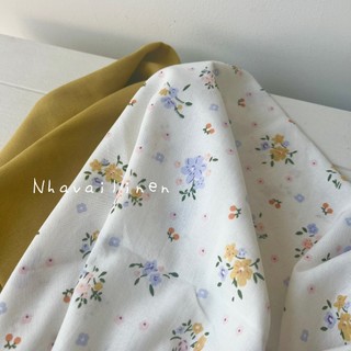 Vải linen bột hoạ tiết hoa tím cam mềm mại độ dày vừa đủ chất liệu an toàn cho da - nhà vải linen