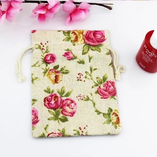 Túi vải bố mềm có dây rút họa tiết hoa hồng vintage phụ kiện handmade kích thước 10x14cm - shop kỳ lân