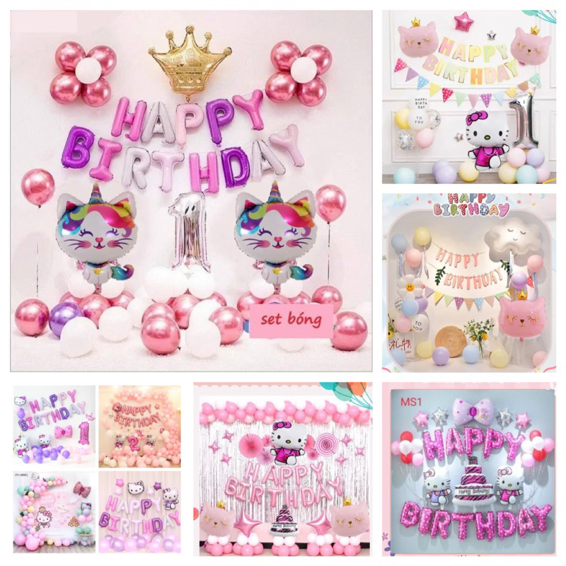 Set bóng trang trí sinh nhật mèo hello kitty, cho bé tuổi mèo thôi nôi