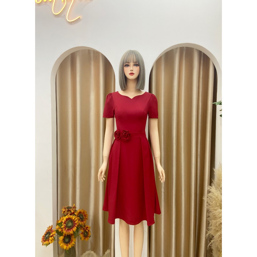 Đầm dự tiệc Nhật Vy cổ cách điệu dáng xoè xếp ly đính hoa chất lụa phù hợp đi chơi dạo phố cafe sang chảnh - D2894
