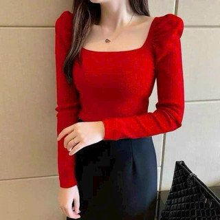 Áo thun gân cổ vuông tay phồng dài thời trang- áo thun nữ nhiều màu cực xinh