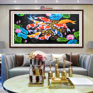 Tranh thêu chữ thập cá cửu ngư quần tụ 99cm x 55cm
