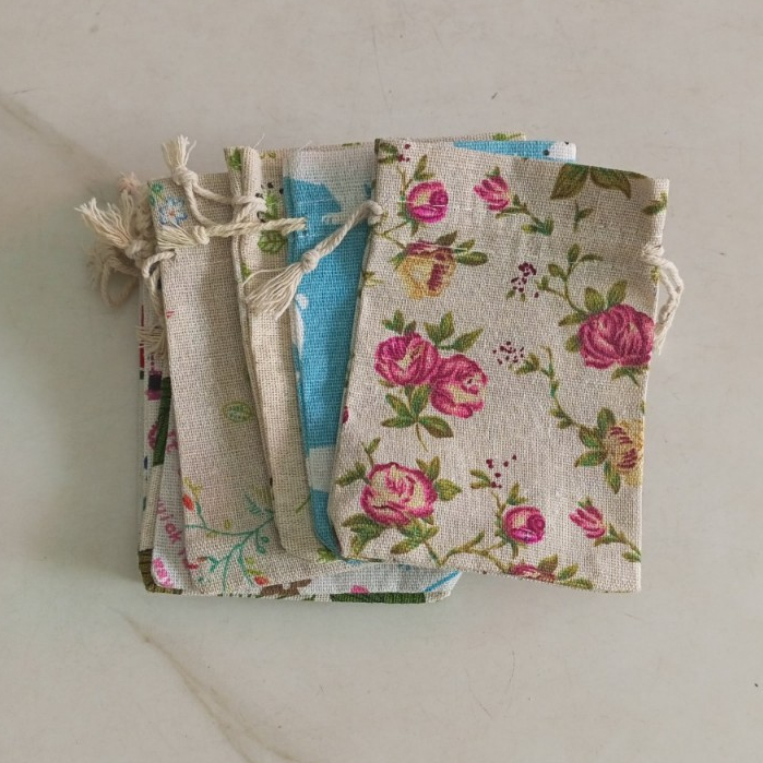 Túi vải bố mềm linen có dây rút size nhỏ 10x14cm họa tiết vintage - shop kỳ lân