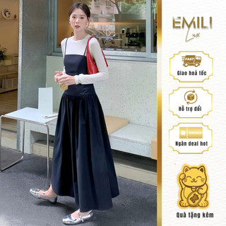 Set váy yếm Emili dáng áo dài tay liền váy đồ công sở thời trang kiểu nữ