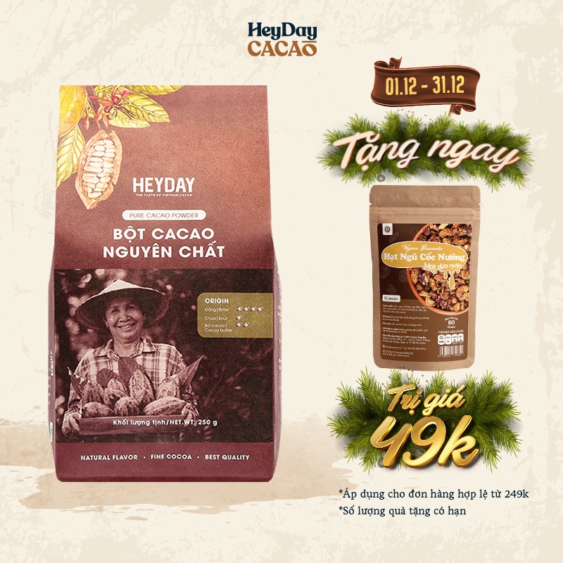 Bột cacao nguyên chất 100% Heyday - Dòng Origin thượng hạng - Túi giấy 100g, 250g - Chuẩn UTZ Quốc Tế