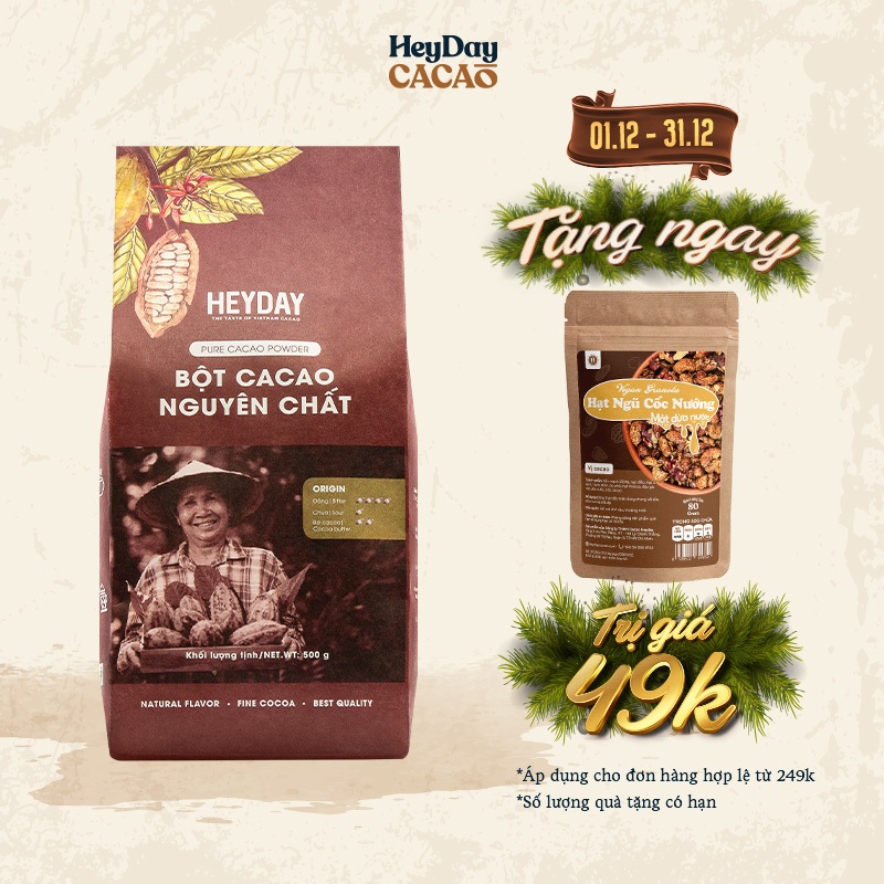 Bột cacao nguyên chất 100% Heyday - Dòng Origin thượng hạng - Túi giấy 500g - Chuẩn UTZ Quốc Tế