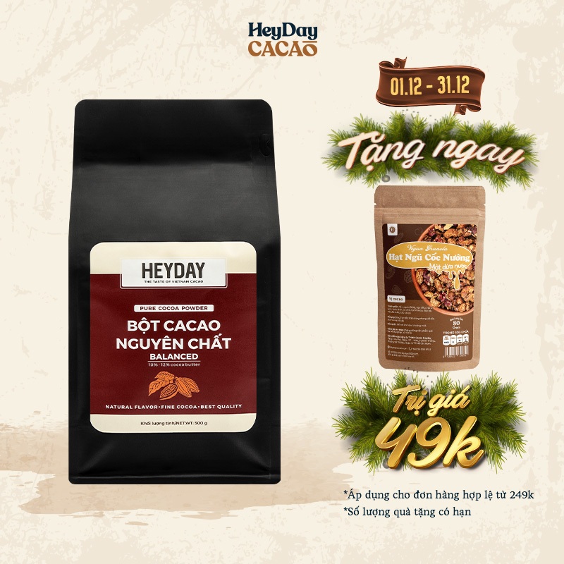 Túi 500g Bột cacao nguyên chất 100% Heyday - Dòng Balanced phổ thông - Chuẩn UTZ Quốc Tế