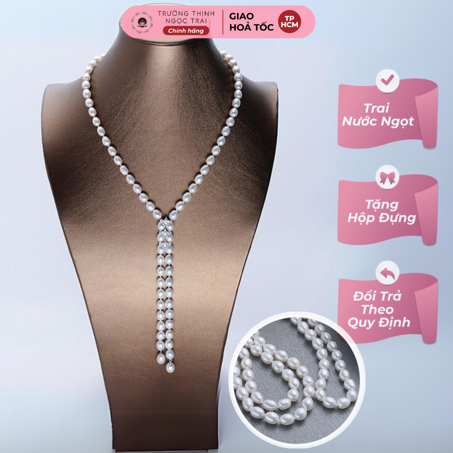 Dây Chuyền Ngọc Trai Sợi Dài 88cm Hạt Gạo 7-8ly Kiểu Dáng Sang Trọng - Ngọc Trai Trường Thịnh