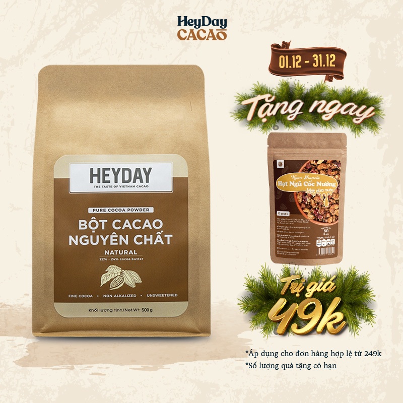 Bột cacao nguyên chất 100% Heyday - Dòng Natural thuần tự nhiên, không kiềm hoá - Túi giấy 225g - Chuẩn UTZ Quốc Tế