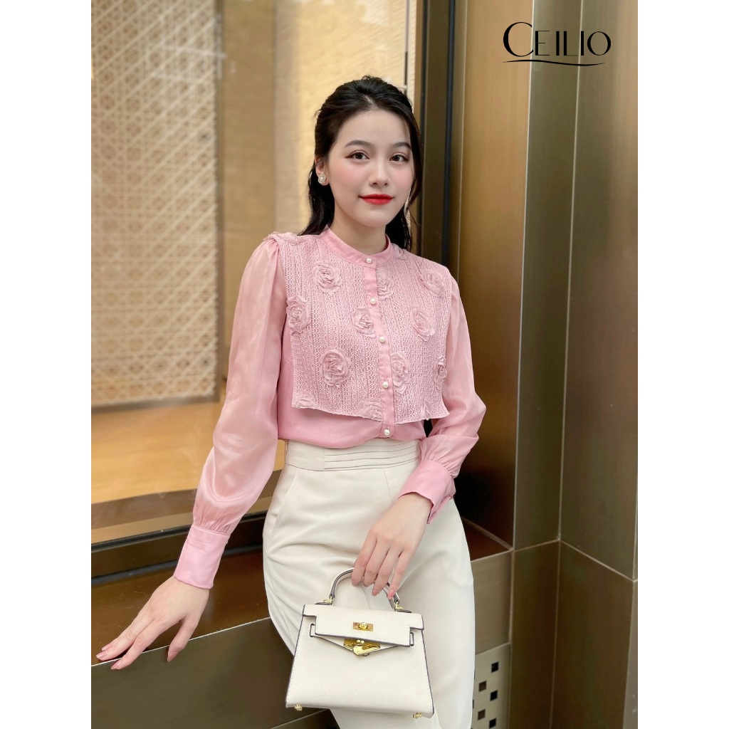 Sơ mi công sở CEILIO - SM226 Sơ mi cổ yếm đáp hoa 3D