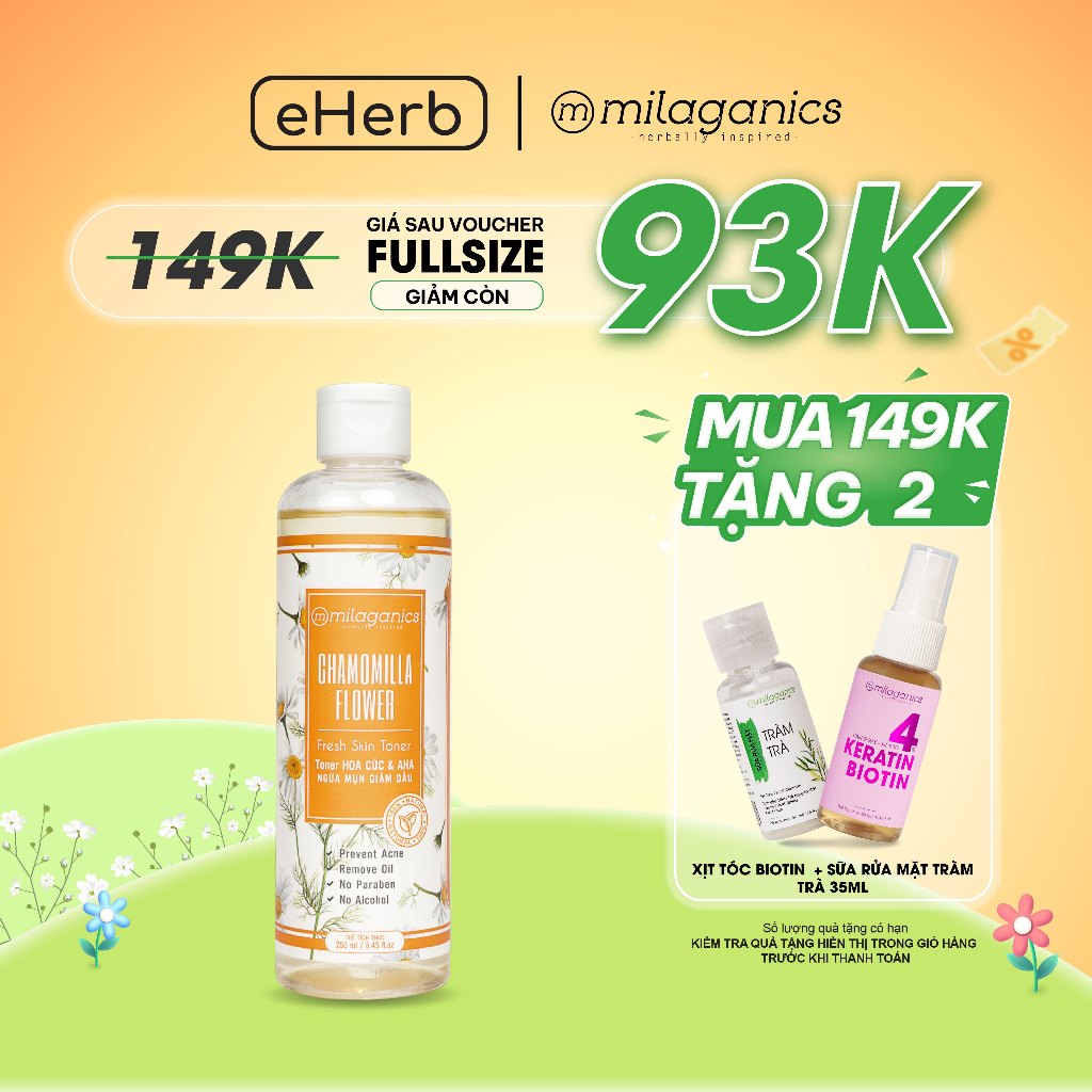 Toner nước hoa hồng hoa cúc & aha 5% Milaganics ngừa mụn, giảm dầu dành cho da dầu mụn 250ml