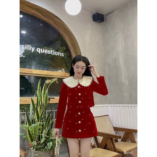 Set đồ nữ đỏ đen chơi noel sang chảnh áo nhung phối cổ bèo mix chân váy có lót trong HT074