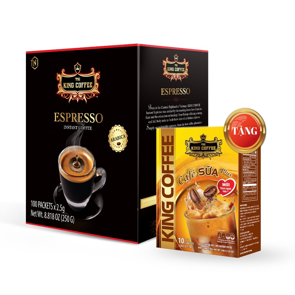 Combo 1 Cà Phê Đen Hòa Tan Espresso KING COFFEE - Hộp 100gói x 2.5g+1 Cà Phê Sữa Plus Hòa Tan KING C