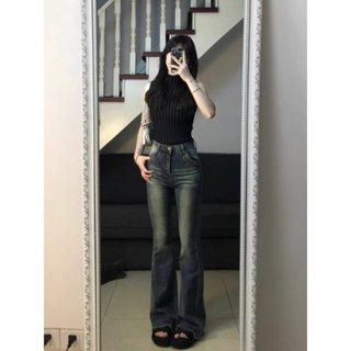 Quần jean ống loe màu retro đậm pha vàng cắt gấu JEAN ZY