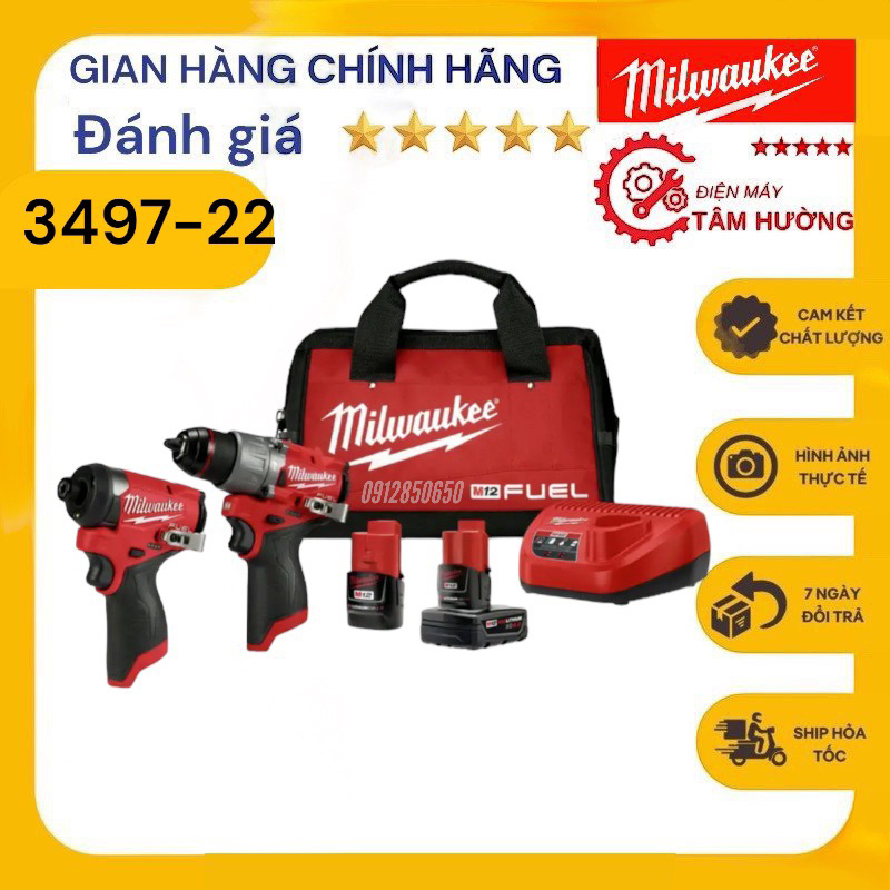 Full bộ Milwaukee 3497-22 Nhập mới USA ( vít 3453 - khoan 3404 )