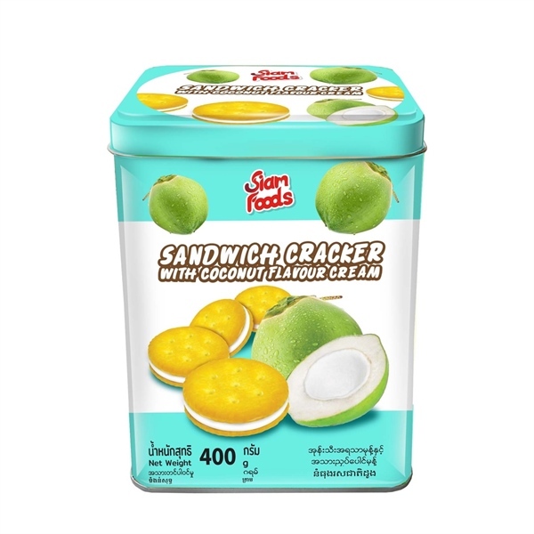 Bánh Quy Kẹp Kem Hương Dừa Thái Lan Siam Foods Sandwich Cracker With Coconut Flavour Cream (Hộp Thiếc 400g)