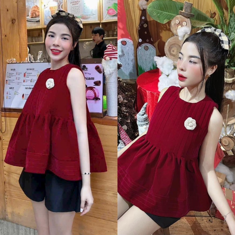 Set Áo Nhung Đỏ Sát Nách Đính Hoa Trắng Babidoll + Quần Short Đùi Đen Chất đẹp y hình