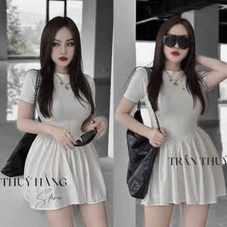 Đầm thun cổ tròn tay ngắn xoè phối lụa dáng ngắn tone trắng