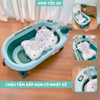 Chậu tắm gấp gọn trẻ em silicon cỡ lớn có nhiệt kế 9BABY màu xanh lá
