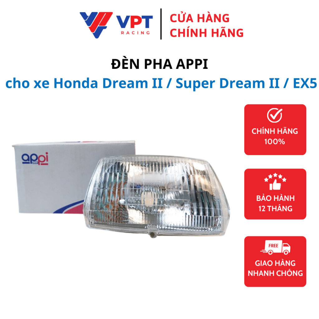 Đèn pha Appi cho xe Honda Dream II / Super Dream II / EX5 Màu Trắng Sọc