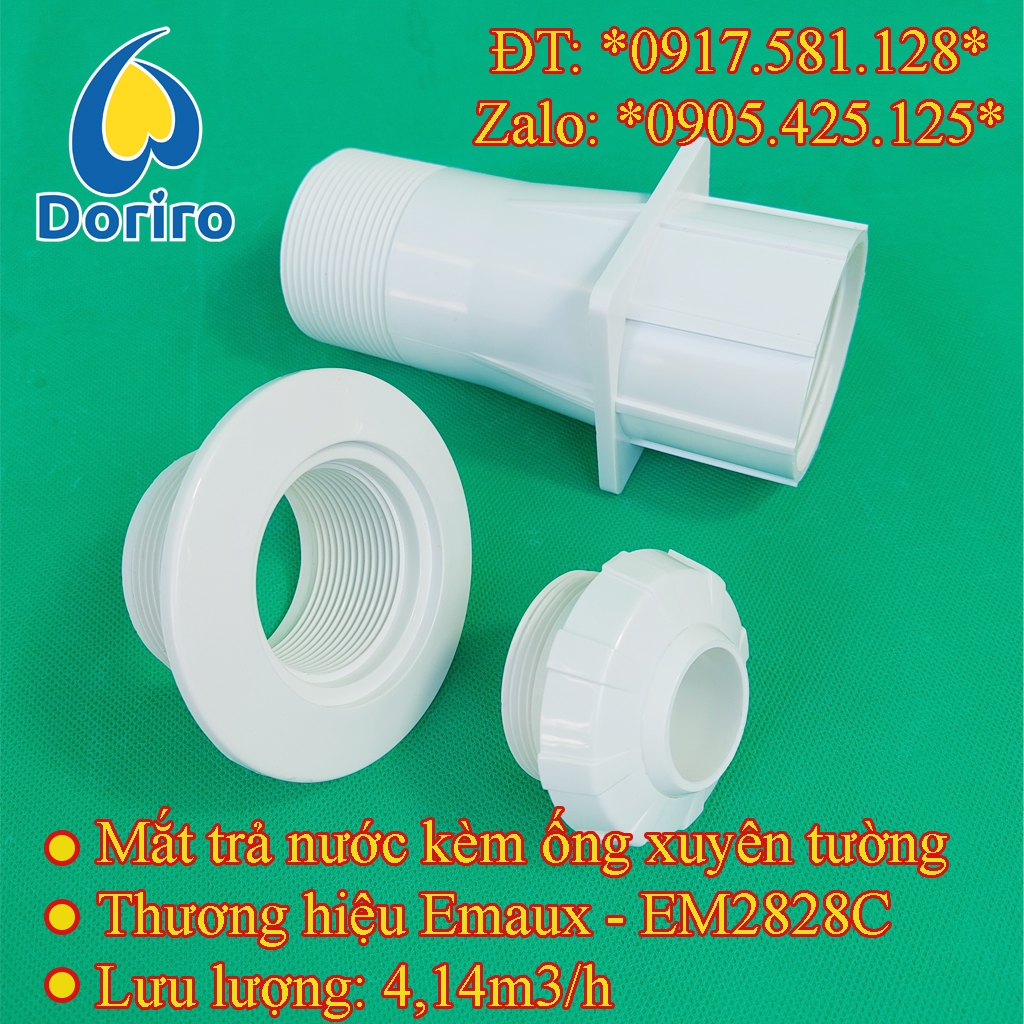 Mắt trả nước và ống xuyên tường hồ bơi, hiệu Emaux, lưu lượng 4,14m3/h, ống xuyên tường dài 150mm, kết nối ống phi 60mm