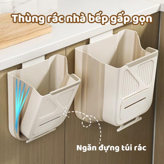 Thùng rác treo tủ bếp gấp gọn thông minh 10L có ngăn đựng túi rác tiện lợi, Thùng rác treo tường gấp gọn