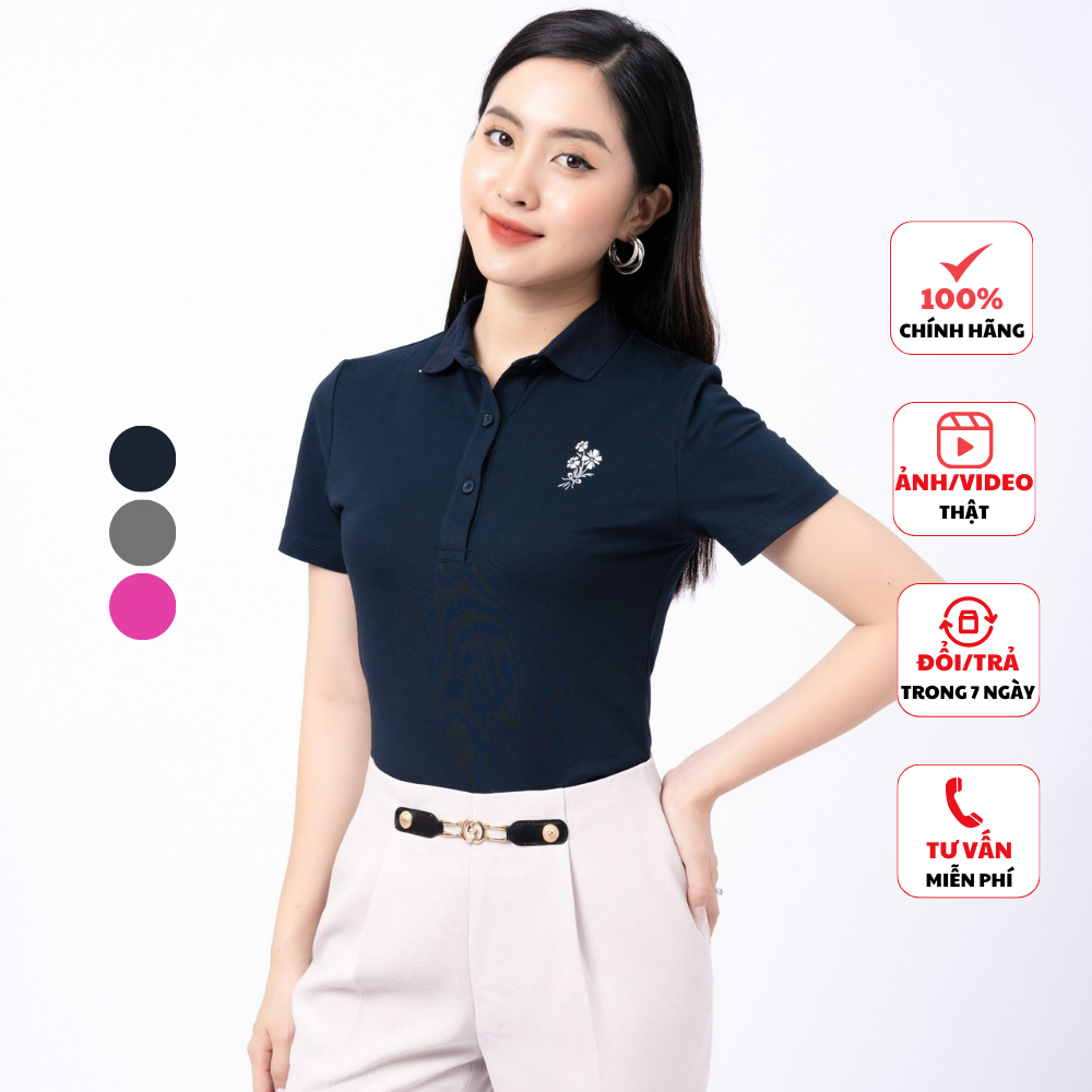 Áo thun nữ FIONA phối bo cổ và tay áo polo in họa tiết hoa trước ngực phù hợp đi làm đi chơi F521188