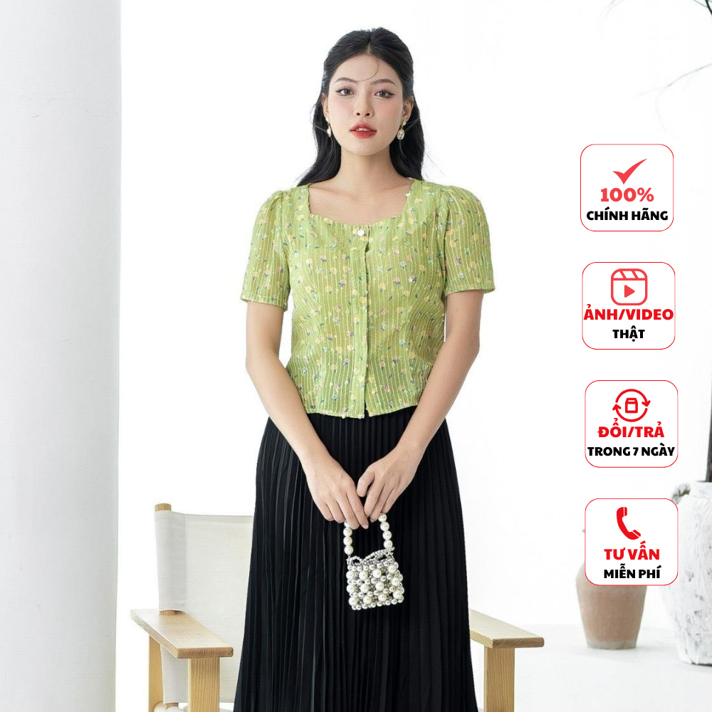 Áo sơ mi nữ FIONA dáng ôm áo sơ mi hoa nhí họa tiết dập nổi ánh hạt kim sa trẻ trung F513093