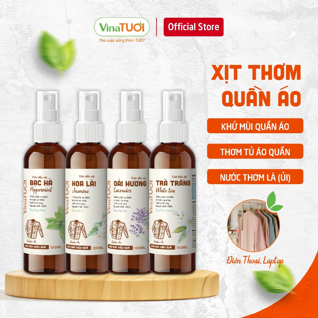 Chai Xịt Thơm Quần Áo Khô Khử Mùi Trong Tủ Vina Tươi 100ml/500ml Tinh Dầu Trà Trắng, Hoa Lài, Oải Hương