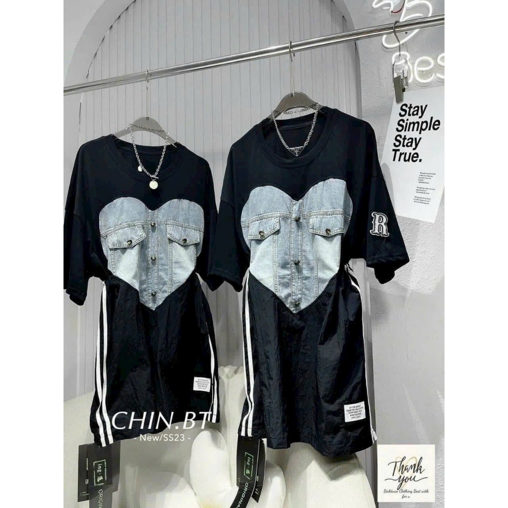 (Bigsize) Đầm thun suông cut hình trái tim phối demin (60-90kg)