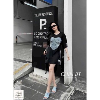(Bigsize) Đầm thun suông cut hình trái tim phối demin (60-90kg)