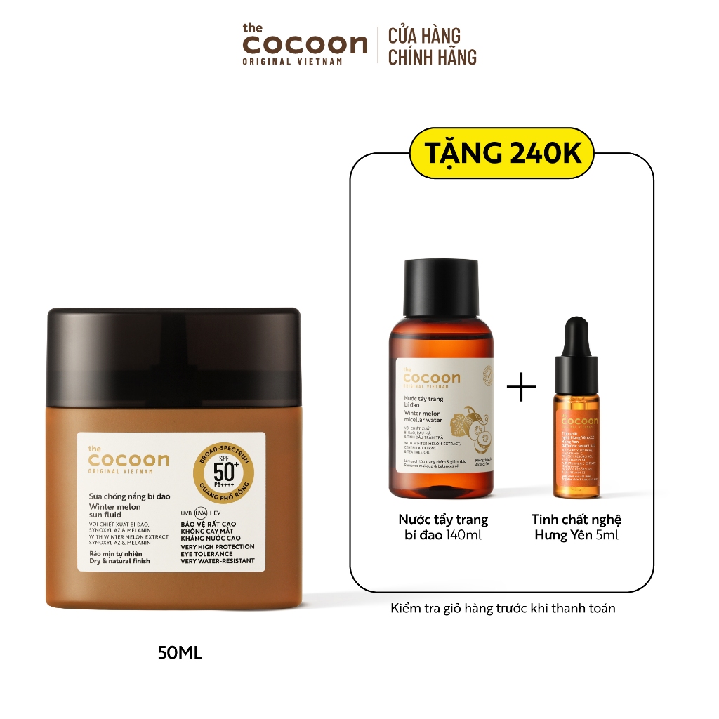 [COMBO 1/12-31/12]Sữa chống nắng bí đao Cocoon 50ml TẶNG Nước tẩy trang bí đao 140ml + Trial size tinh chất nghệ c22 5ml