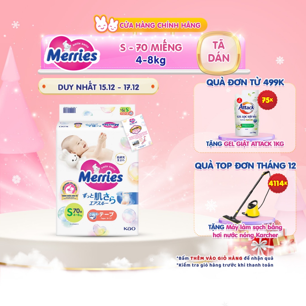 Tã bỉm dán Merries size S - 70 miếng dành cho bé 4 - 8kg mới