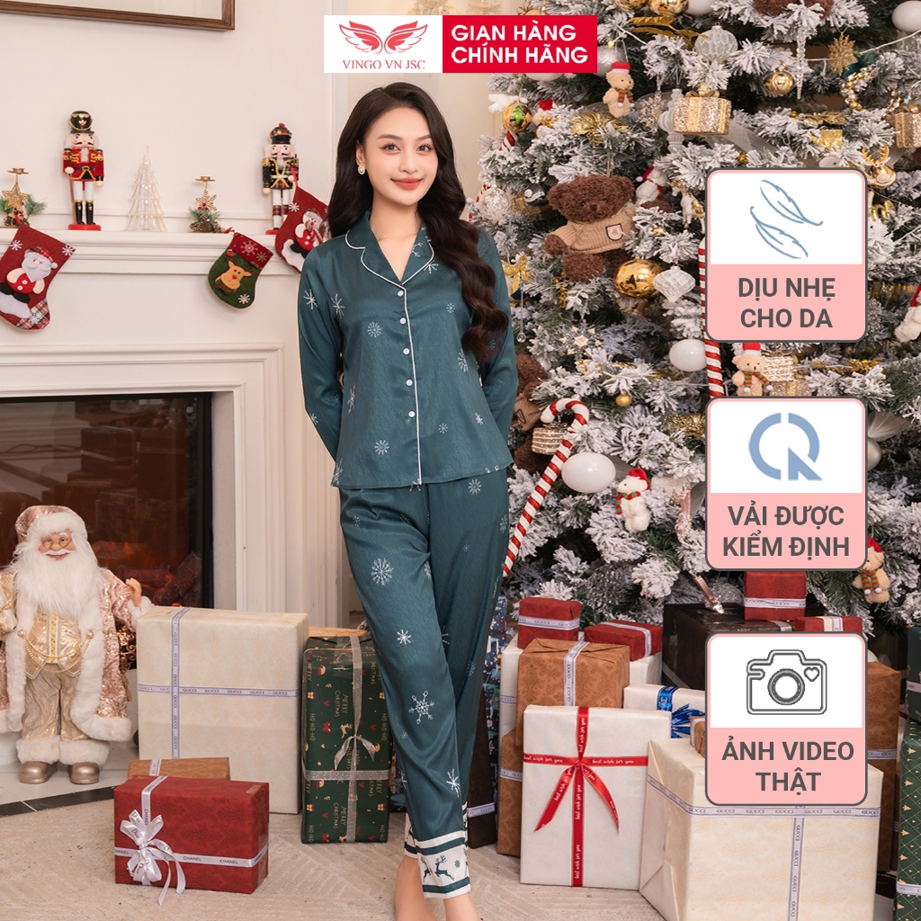 Đồ bộ mặc nhà Pijama lụa vân gỗ mùa Thu Đông VINGO tay dài quần dài dáng eo bông tuyết noel H1076 VNGO