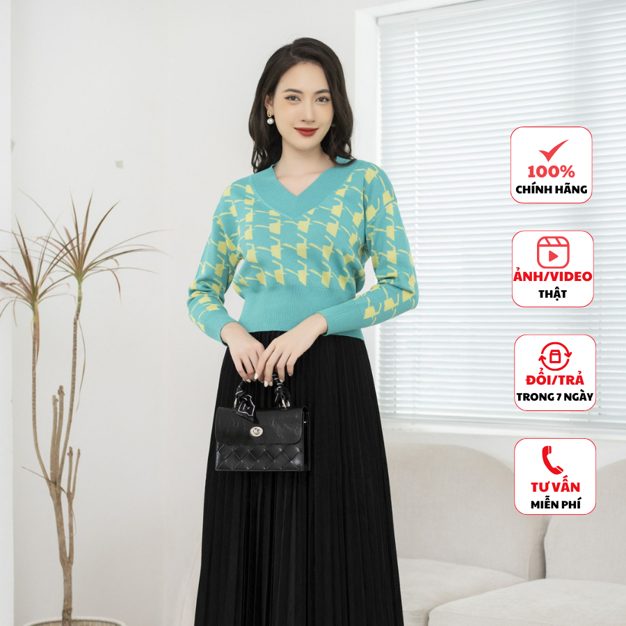 Áo len nữ FIONA dáng bo gấu áo len cổ tim bản 6 cm họa tiết houndstooth cách điệu trẻ trung F852749