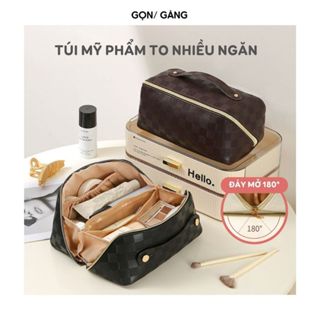 Túi đựng mỹ phẩm đồ trang điểm make up cá nhân da PU to nhiều ngăn mở đáy 180 độ đem đi làm đi chơi du lịch công tác