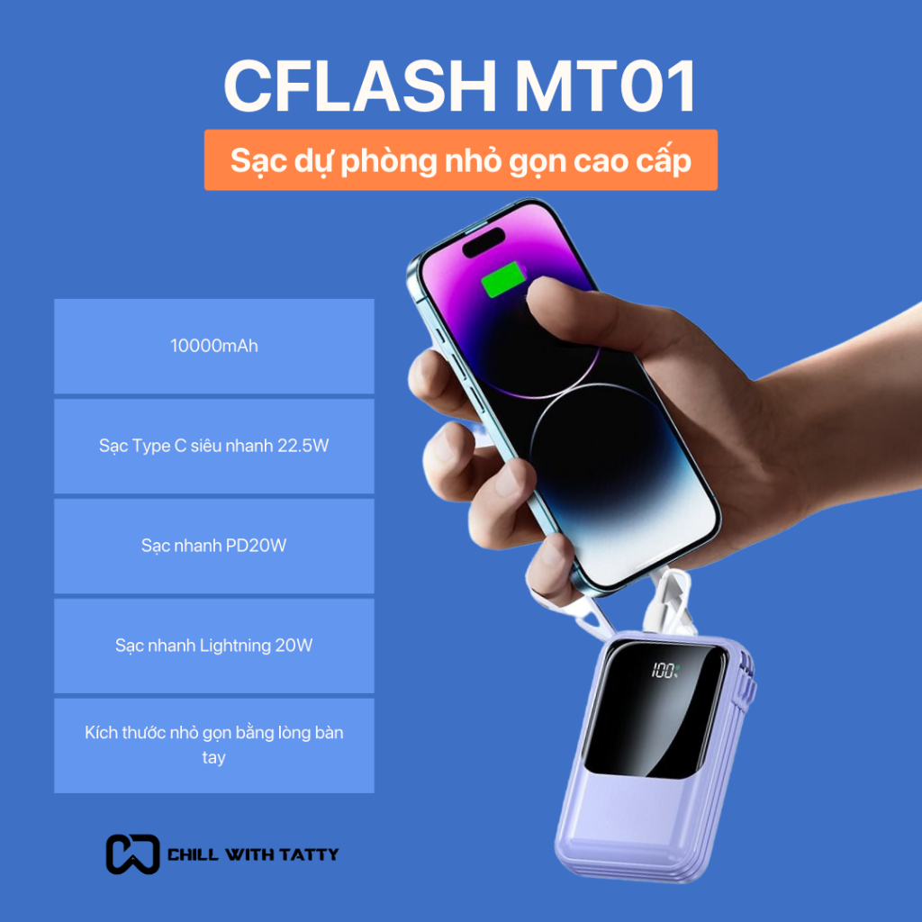 [TẶNG DÂY SẠC NHANH PD] SẠC DỰ PHÒNG CFLASH MT01 - tích hợp đèn pin hỗ trợ sạc nhanh