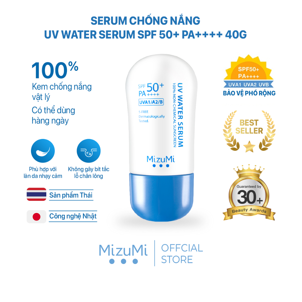 MizuMi Serum chống nắng cho da nhạy cảm UV Water Serum SPF 50+ PA++++ 8 g và 40g