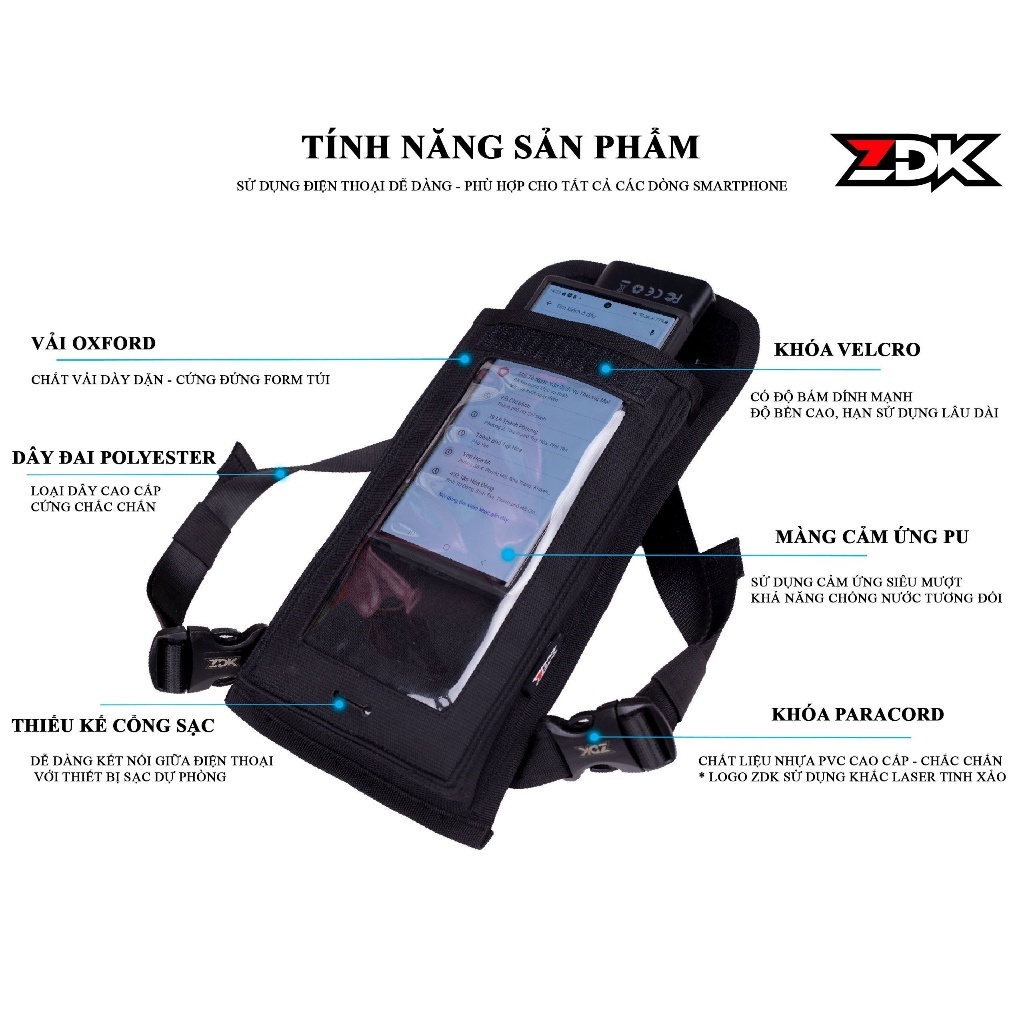 Túi treo xe máy chính hãng ZDK K1, túi treo đầu xe, túi treo ghi đông xe máy chứa đồ dùng, cảm ứng điện thoại tốt