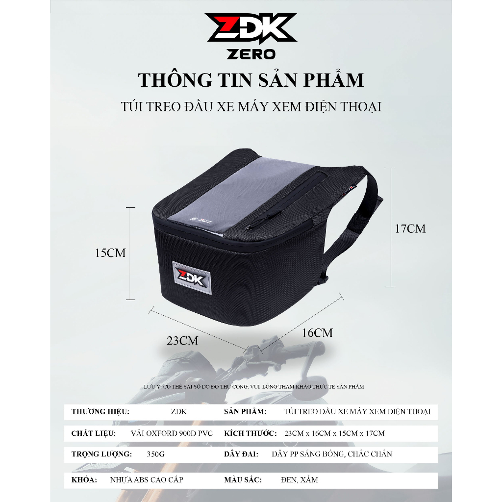 Túi treo xe máy chính hãng ZDK Zero, túi treo đầu xe, túi treo ghi đông xe máy chứa đồ dùng, cảm ứng điện thoại tốt