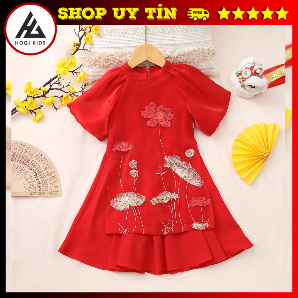 Áo dài bé gái Hogi dáng cách tân hoạ tiết thêu hoa sen, áo dài trẻ em đủ size - Hogi Clothing