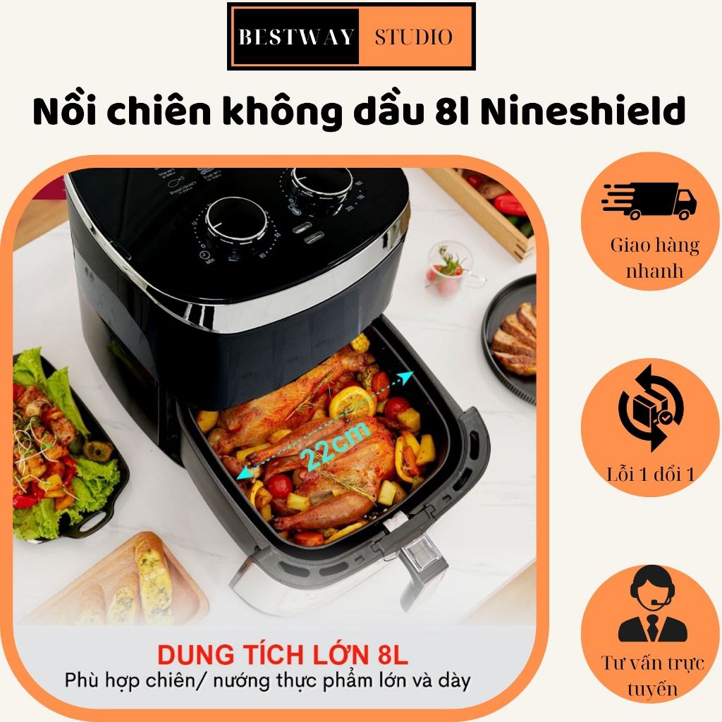 Nồi Chiên Không Dầu 8L Nineshield Mặt Kính Công Suất 1350W Nướng Gà, Cá. Đồ Bếp Đa Năng Dùng Cho Gia Đình