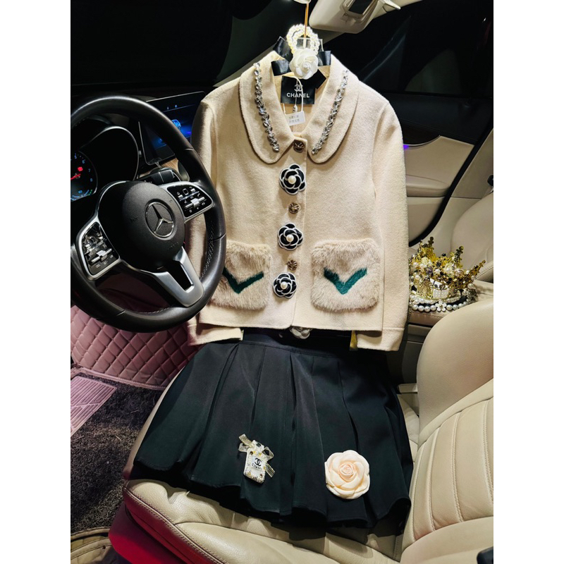 Set áo dạ ép túi lông + chân váy xếp ly Chà neo