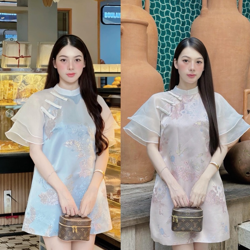 Đầm dự tiệc gấm hoa dáng suông phối nơ