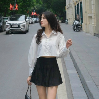 Áo sơ mi croptop chất đũi xốp cực xinh, Áo sơ mi kẻ sọc dáng croptop cổ trắng tay bồng